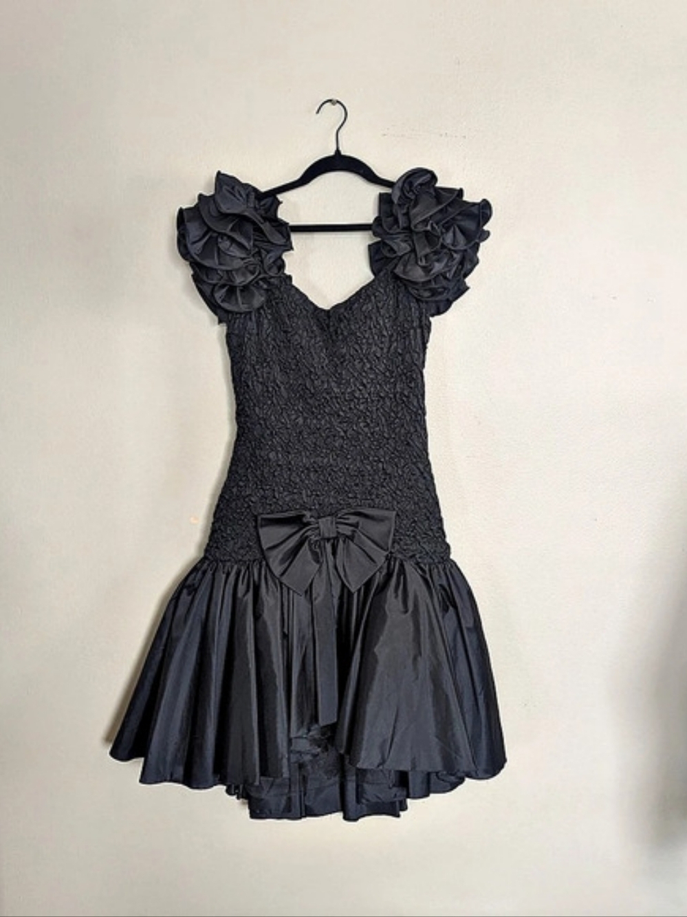 80s Prom Black Ruffle Midi Dress Drop Waist Off The Shoulder Full Skirt Medium